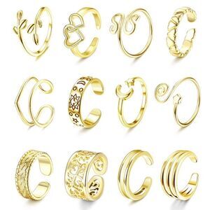 14K Yellow Gold Adjustable Boho Open Toe Rings - Set of 12